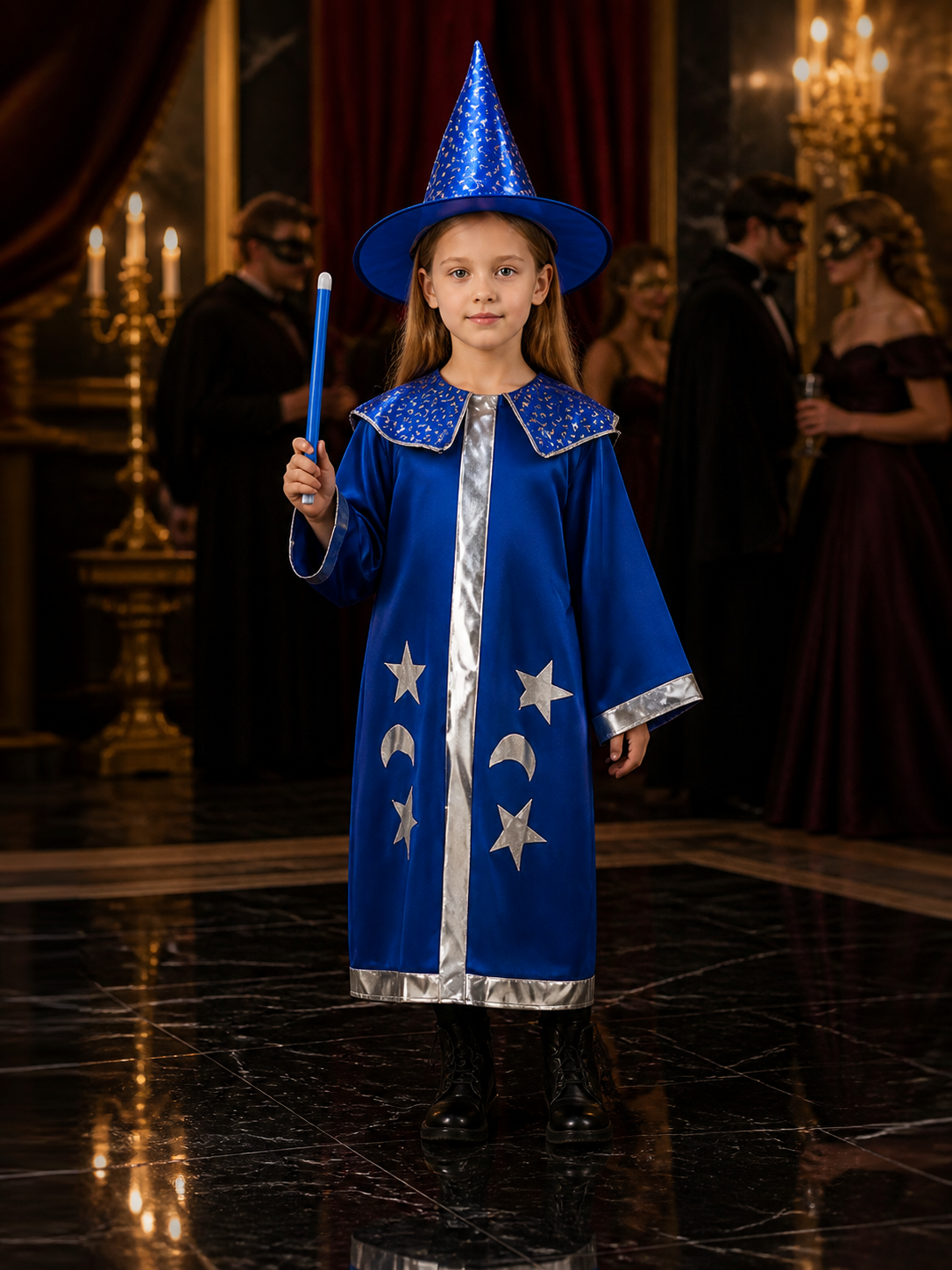 Blue Wizard Costume Set, Star Moon Cloak and Pointed Hat Costume Capes detail