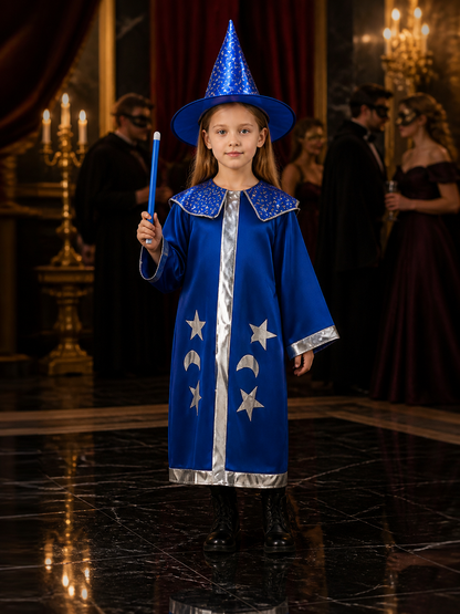 Blue Wizard Costume Set, Star Moon Cloak and Pointed Hat Costume Capes detail