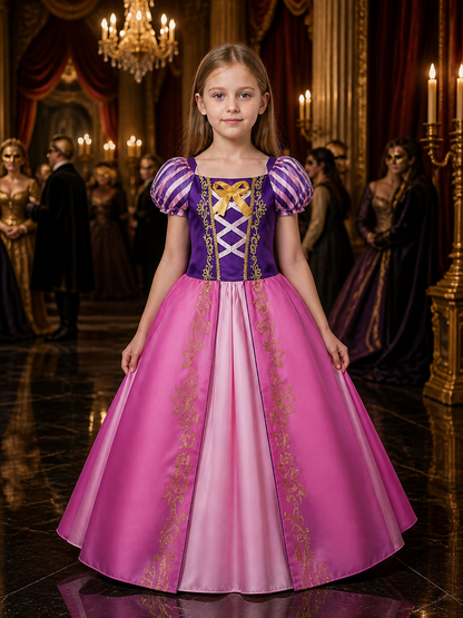 Girls Princess Costume Dress, Purple Pink Puffy Sleeve Halloween Outfit Costume Dresses detail