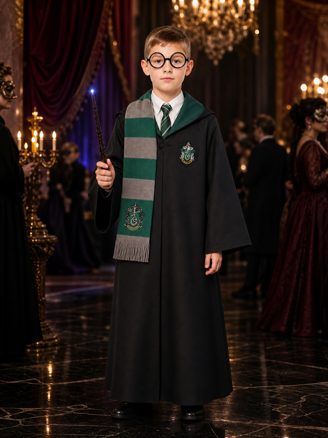 Hooded Wizard Robe Costume Set with Snake Crest, Tie, Scarf, Glasses and Wand Costume Accessories detail