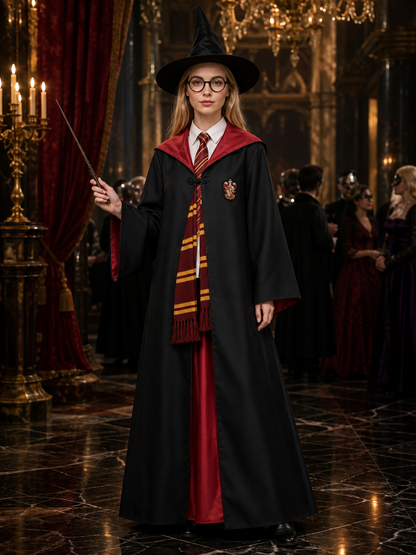 Red and Black Wizard Cosplay Robe Costume Set with Hat, Glasses, Wand, Tie Costume Headwear detail
