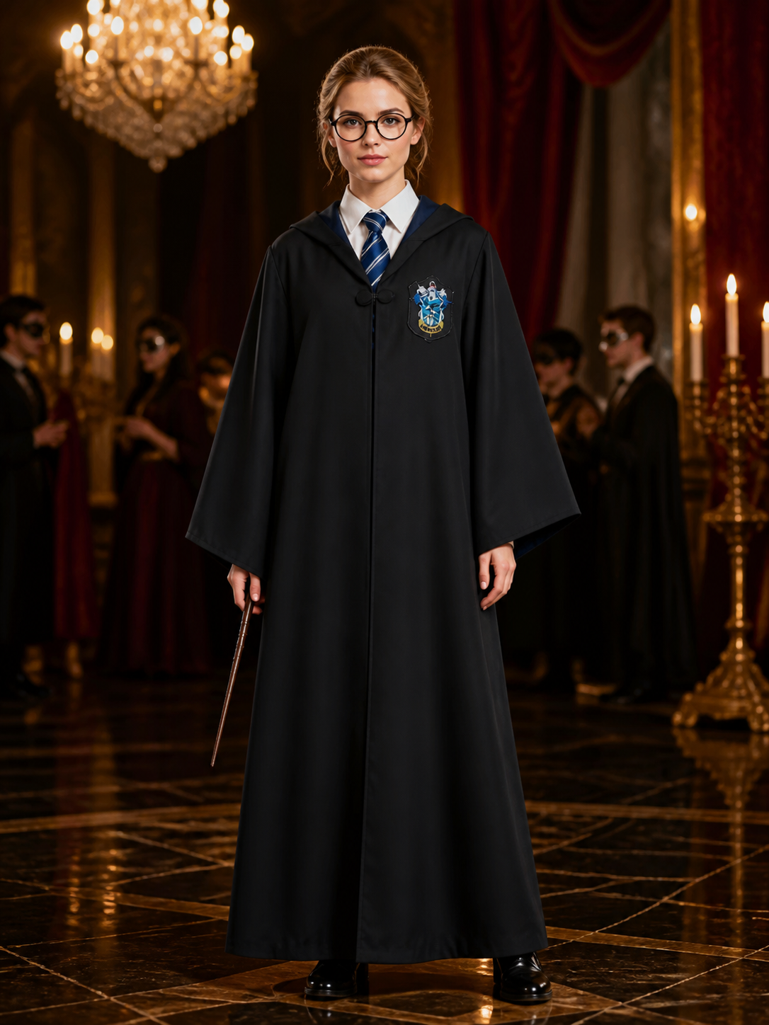 Wizard Costume Set With Hooded Robe, Striped Tie And Round Glasses Costumes detail