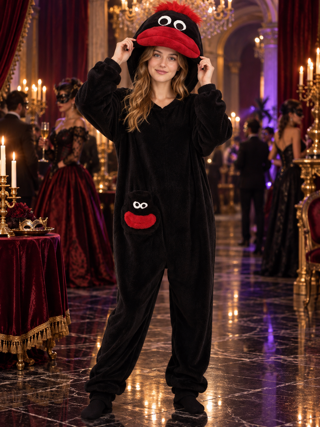Black one-piece pajama with red pile and appliqué