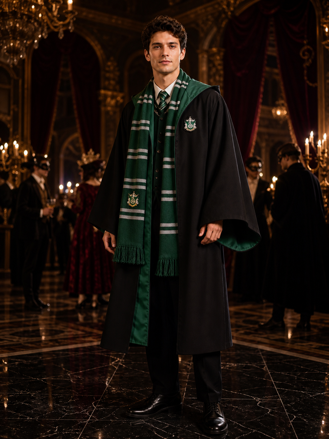 Wizard Robe Costume Set, Black Long Robe With Badge, Green-Black Striped Tassel Costumes detail