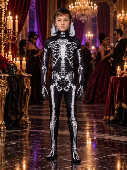 Skeleton Costume: Black Hooded Jumpsuit with Print