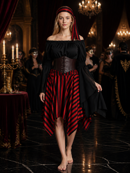Women's Pirate Costume Set, Black Long Sleeve Top and Red Striped Skirt with Costumes detail