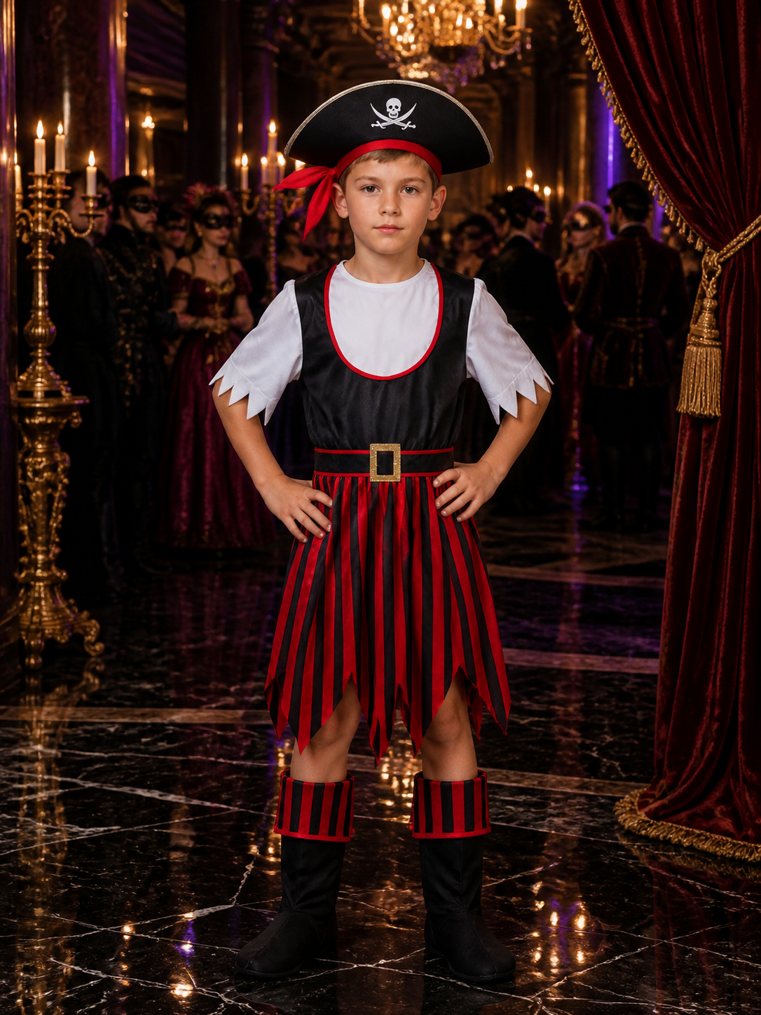 Boys Pirate Halloween Costume Set with Tricorn Hat, Headscarf & Boot Covers Costume Headwear detail