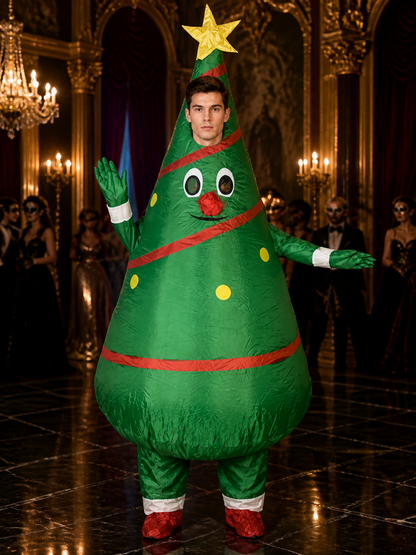Unisex Christmas Tree Costume, Cartoon Face with Star Topper, Green Party Outfit Costumes detail