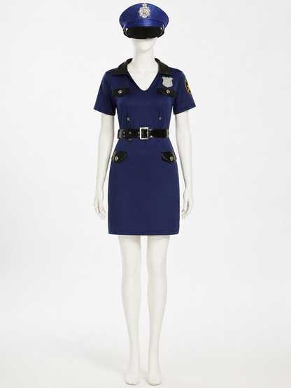 Women's Sexy Police Officer Costume Set with Hat and Belt - Short Sleeve Dress Costume Dresses detail