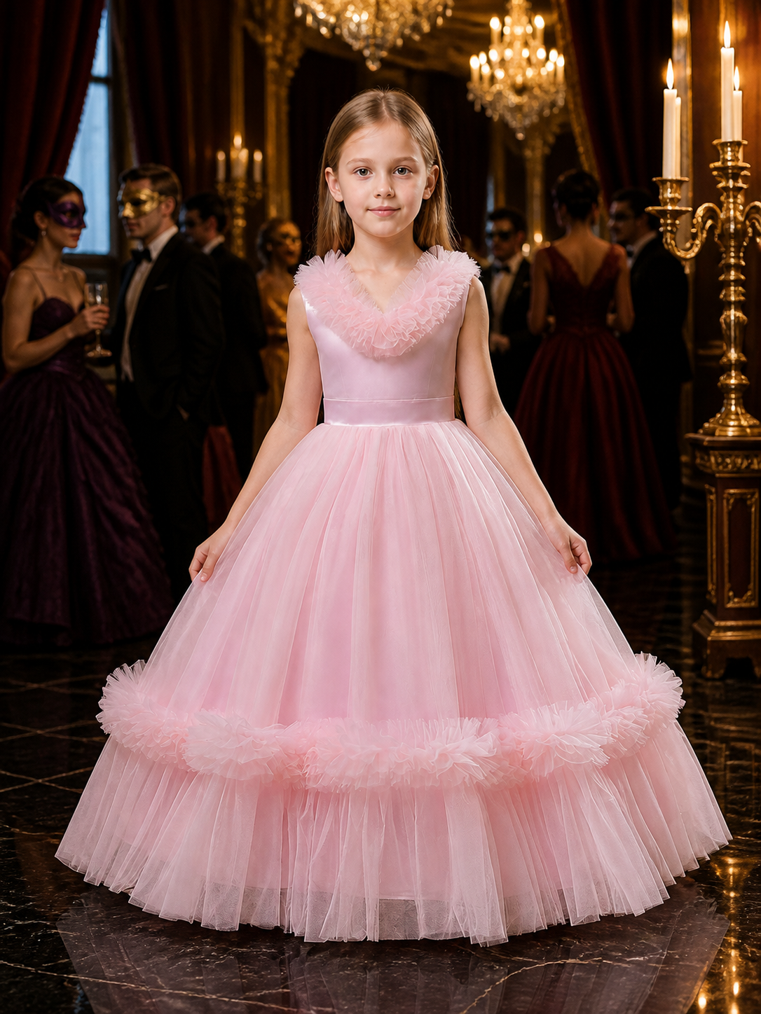 Girls' Pink Princess Formal Dress, Sleeveless V-Neck Ruffle Layered Tulle Gown