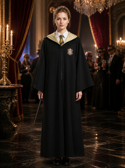 Women's Academy-Themed Hooded Wizard Robe Costume, Black and Gold Costumes detail
