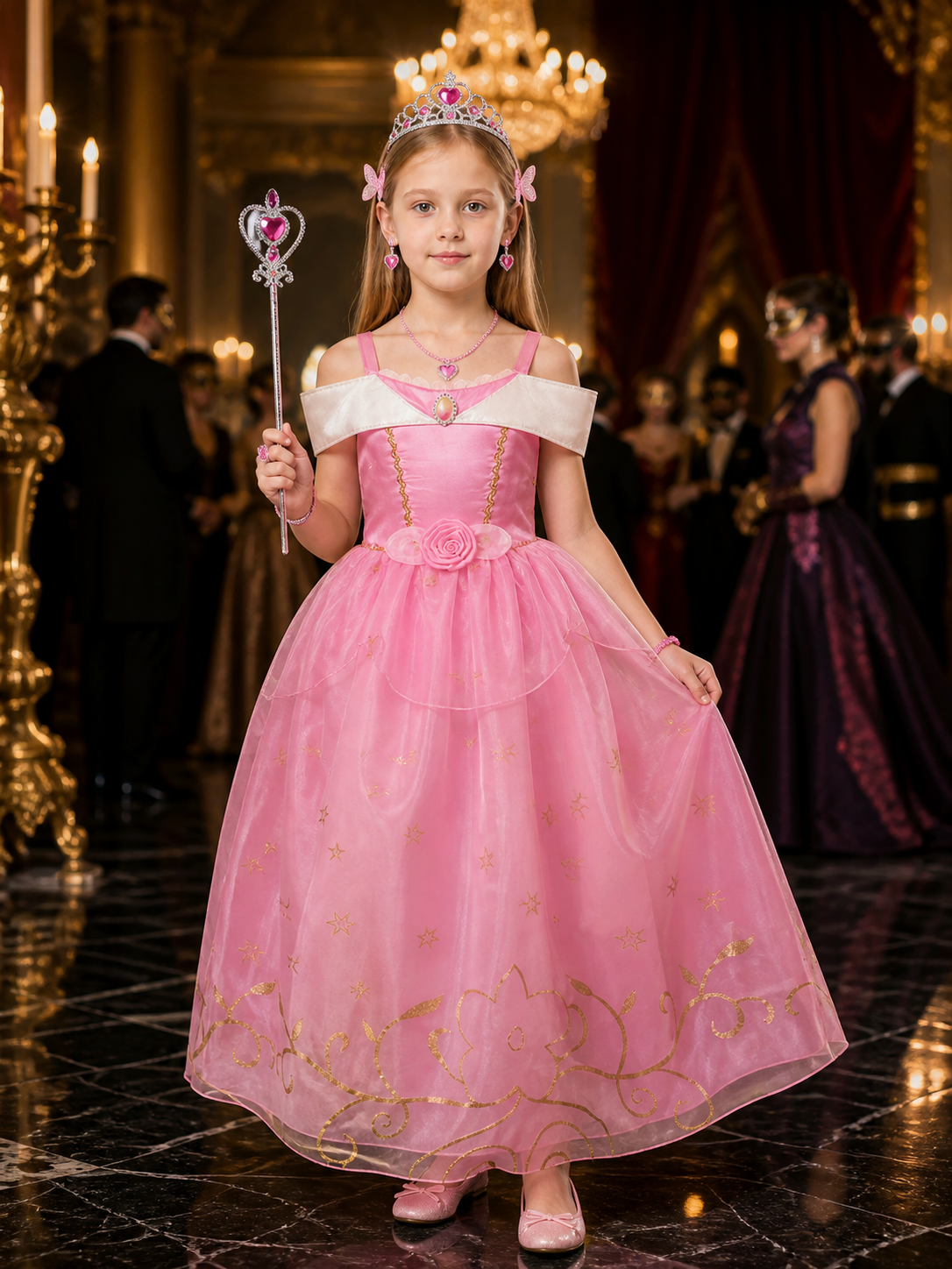Girls Princess Aurora Dress Costume Set with Crown and Magic Wand, Pink Tutu Costume Dresses detail