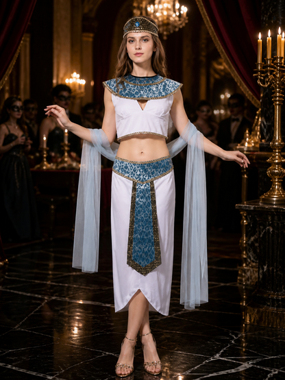 Egyptian Queen Costume Set, Two-Piece White, Blue And Silver Outfit With Costumes detail