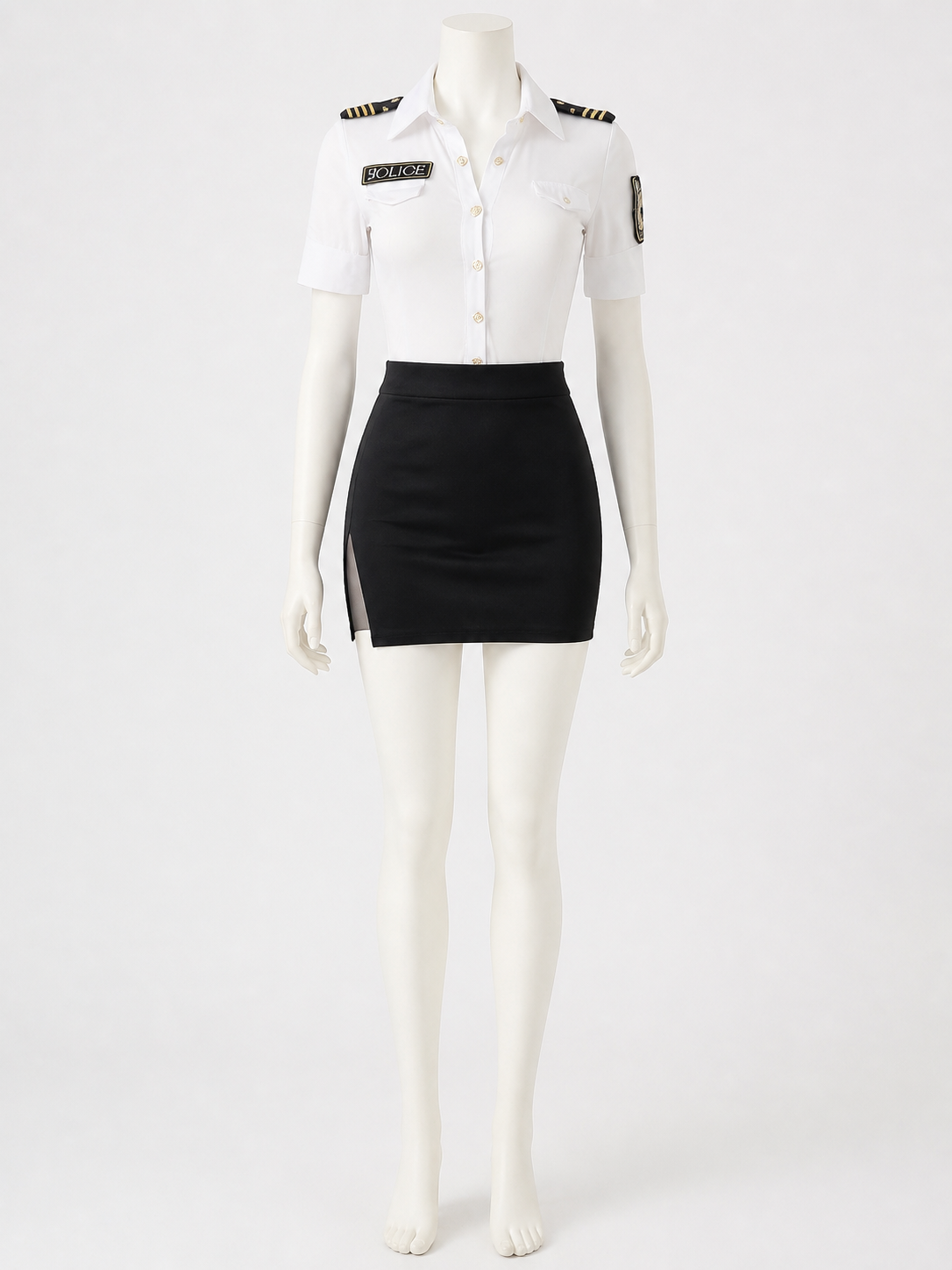 Police Officer Halloween Costume Set - White Top & Black Skirt with Badge, Gold Costumes detail