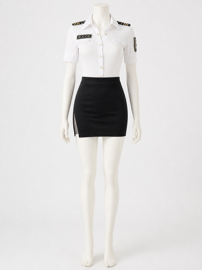 Police Officer Halloween Costume Set - White Top & Black Skirt with Badge, Gold Costumes detail
