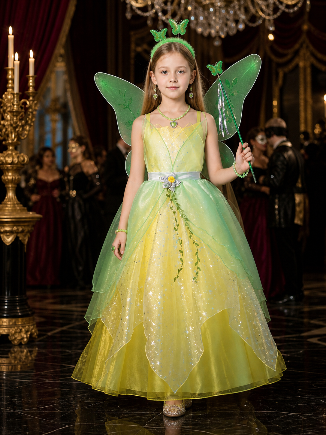 Girls Tiana Princess Costume Dress Set with Butterfly Wings and Sparkly Details Costume Dresses detail