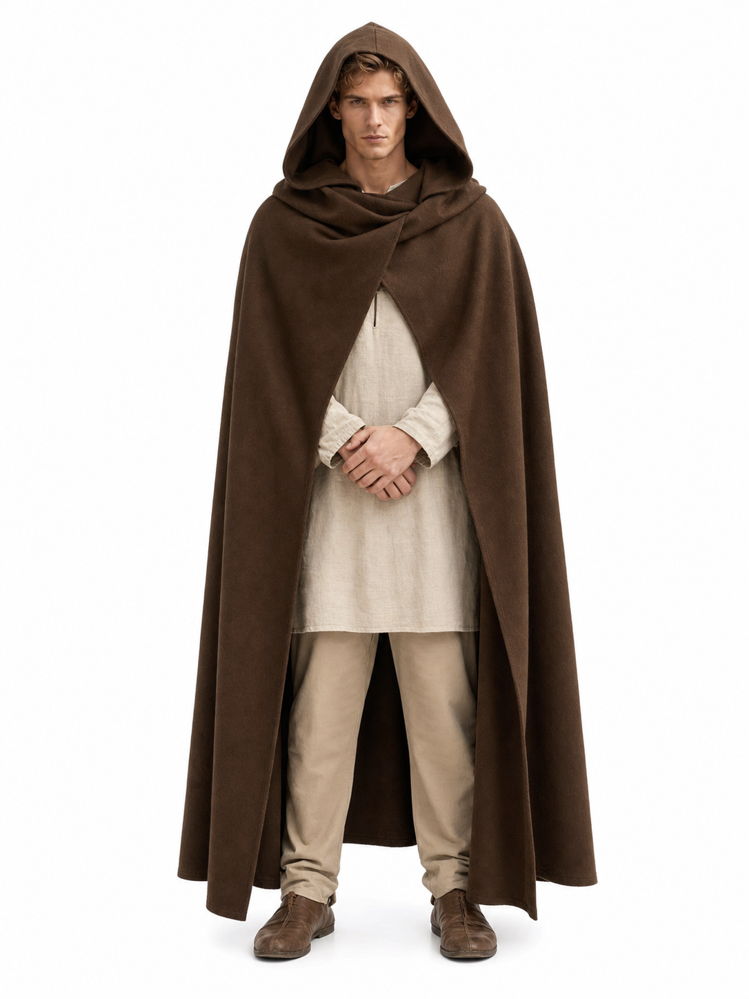 Medieval Fantasy Hooded Cloak, Deep Brown Long Draped Cape with Overlapping Front and Pointed Hem for Role Play, Stage Styling and Outdoor Wear