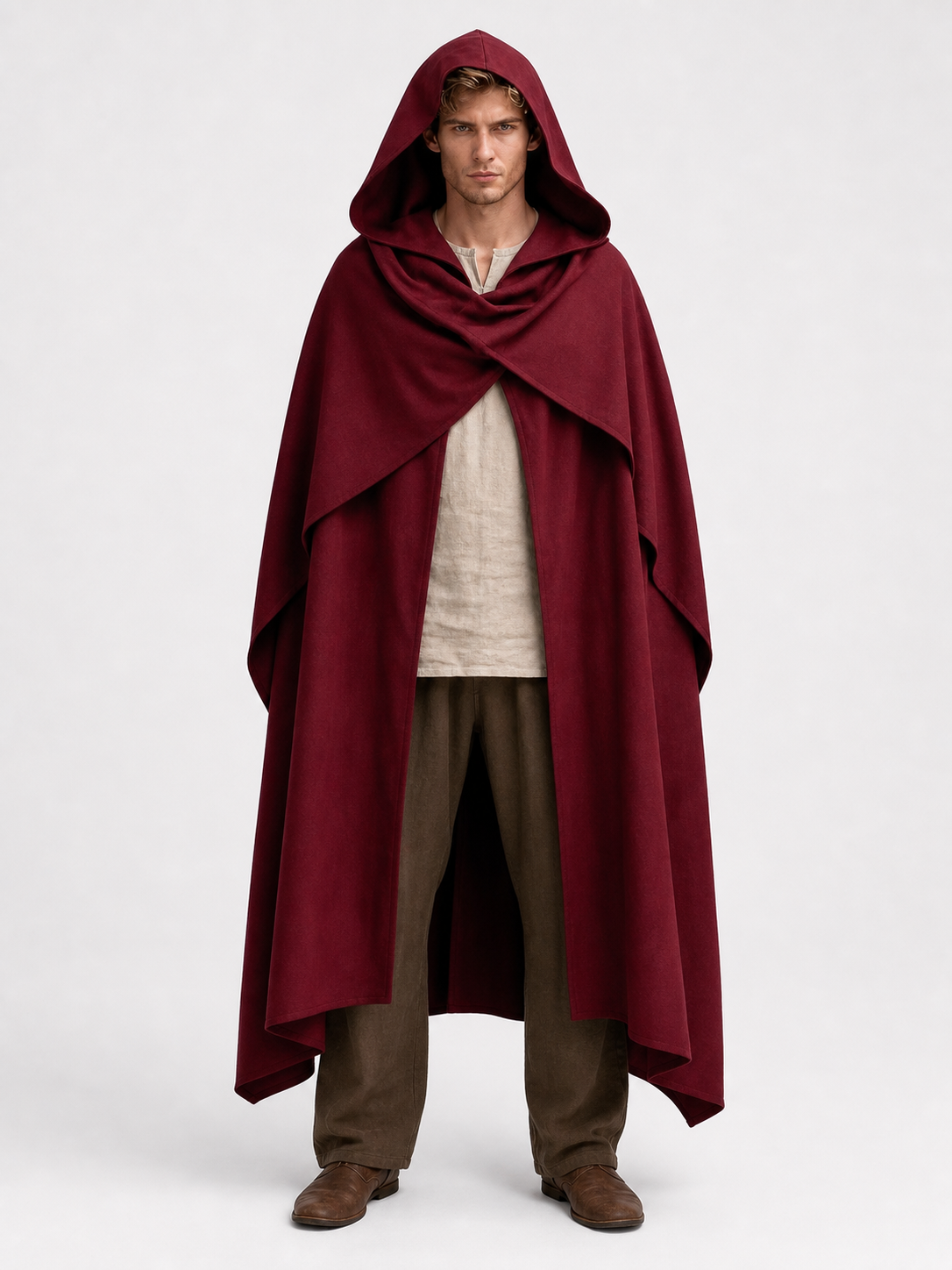 Medieval Hooded Cloak Wine Red Cape with Overlapping Front and Irregular Draped Hem for Cosplay, Theme Parties, Stage Performances and Fantasy Photography