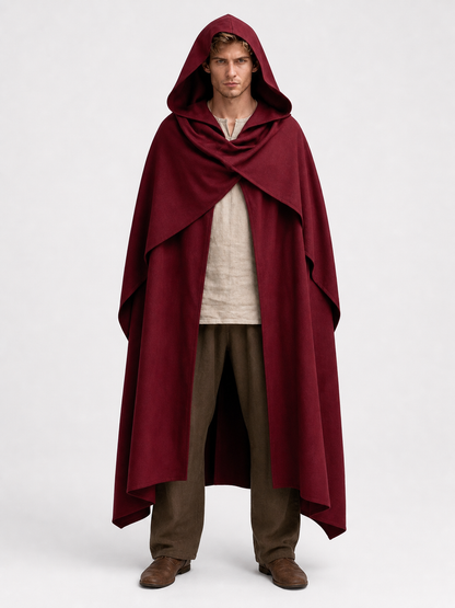 Medieval Hooded Cloak Wine Red Cape with Overlapping Front and Irregular Draped Hem for Cosplay, Theme Parties, Stage Performances and Fantasy Photography