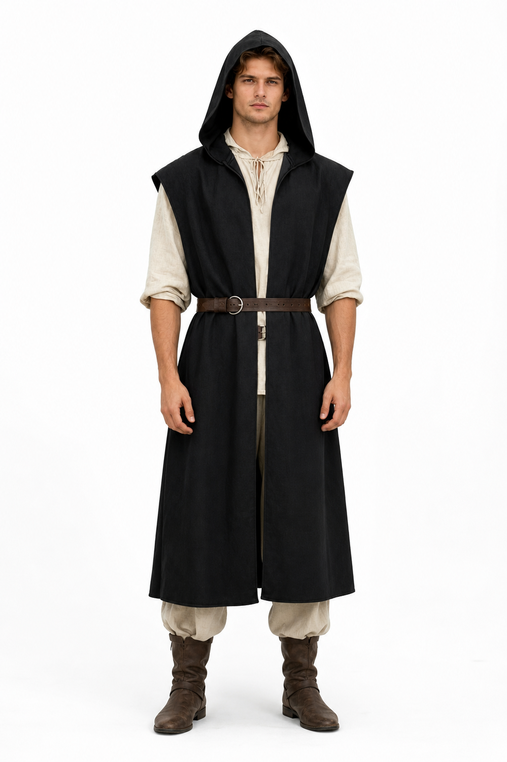 Long Sleeveless Hooded Vest, Black