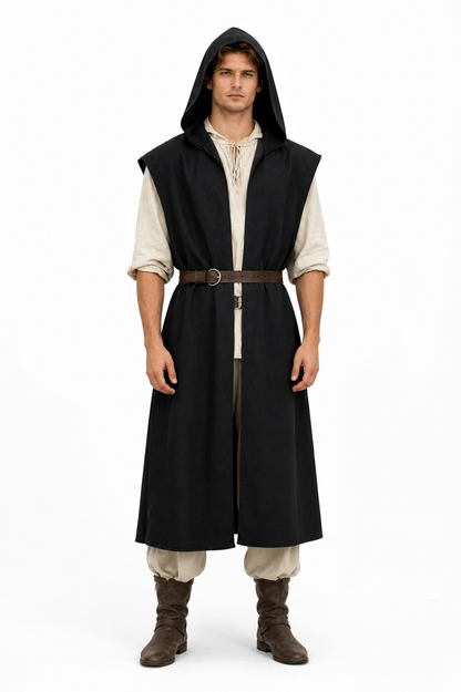 Long Sleeveless Hooded Vest, Black