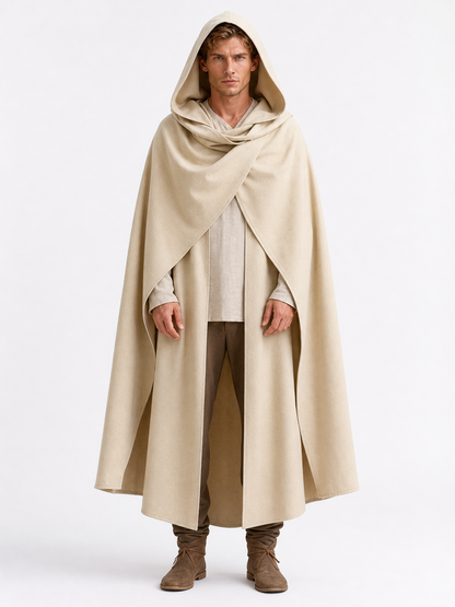 Medieval Hooded Cloak, Pointed Hood Full-Length Draped Cape in Khaki for Cosplay, Fantasy Costumes and Historical-Style Outdoor Outfits