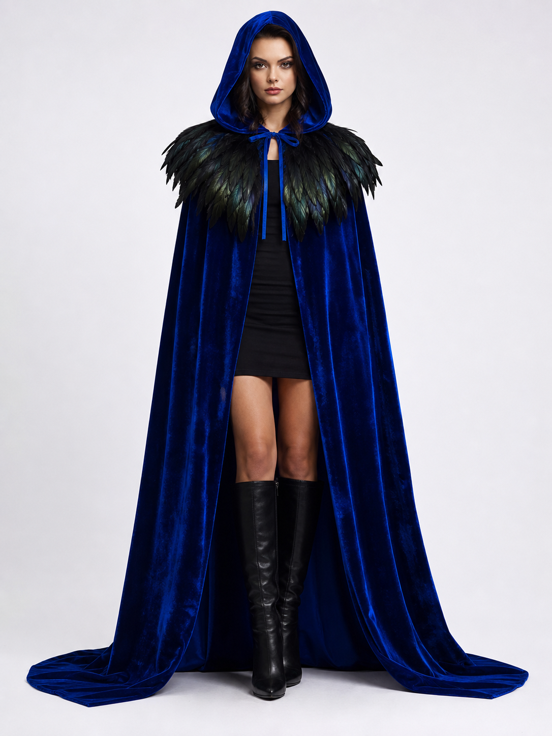 Blue Hooded Feathered Carnival Cape