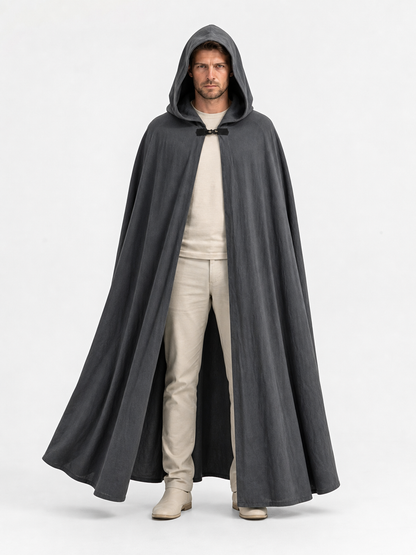 Adult Fantasy Hooded Cape, Long Dark Gray Cloak With Front Tie Closure, Wide