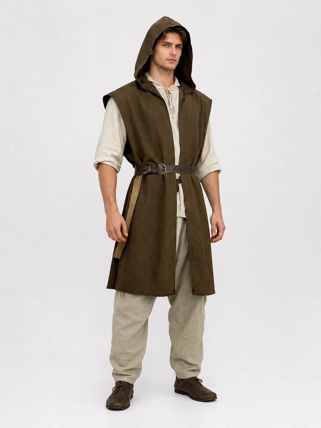 Brown hooded cosplay vest with belt product view 21