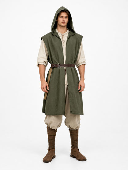 Medieval Fantasy Costume Sleeveless Hooded Long Vest, Open Front Design With Waist Belt For Cosplay And Costume Performances