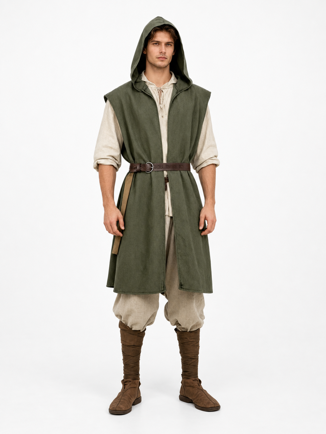 Medieval Fantasy Role Play Costume Set, 2-Piece Olive Green Hooded Sleeveless