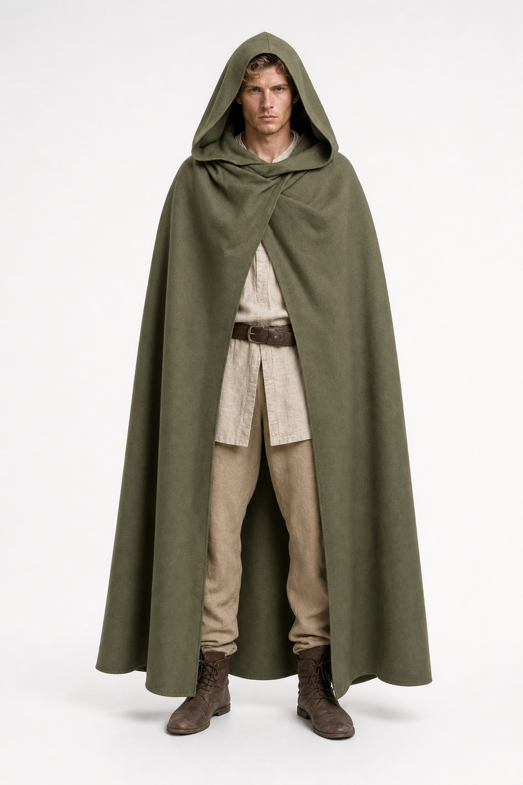 Medieval Hooded Cloak, Olive Green Full-Length Cape with Pointed Hood and Front Tie for Cosplay and Role-Playing