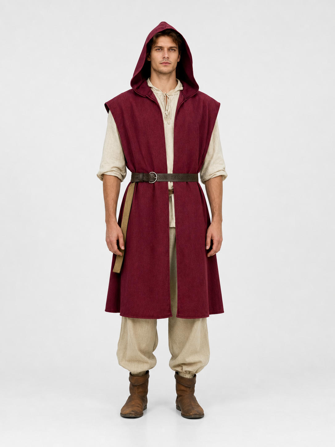 Adult Medieval Fantasy Hooded Cape, Wine Red Sleeveless Long Split-Hem Cloak