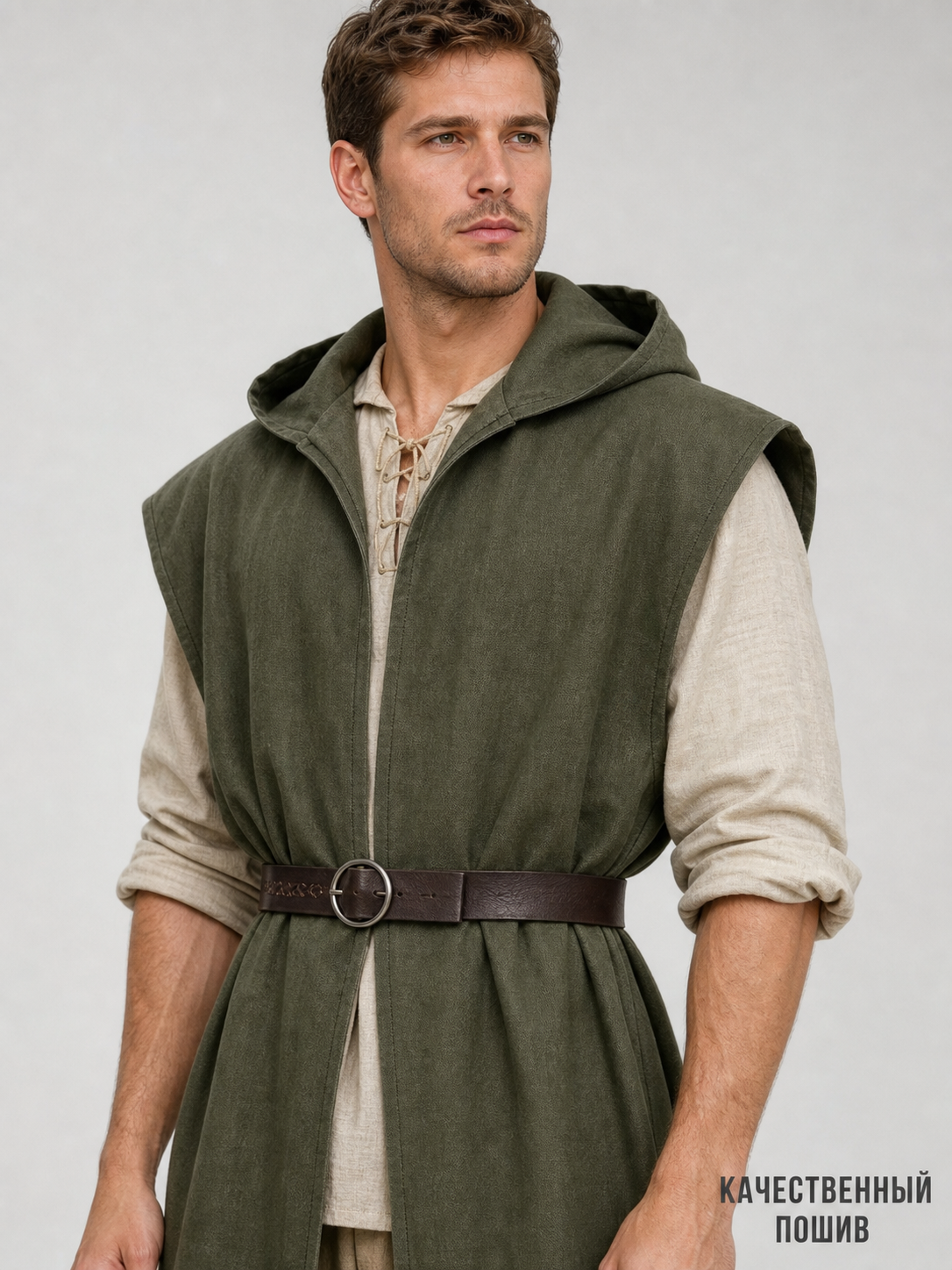 Medieval Fantasy Role Play Costume Set, 2-Piece Olive Green Hooded Sleeveless