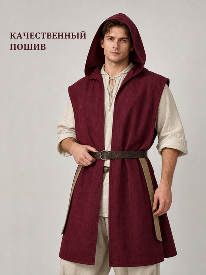 Adult Medieval Fantasy Hooded Cape, Wine Red Sleeveless Long Split-Hem Cloak