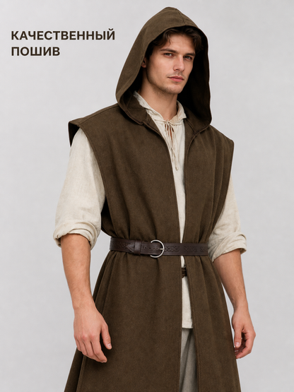 Brown hooded cosplay vest with belt product view 22