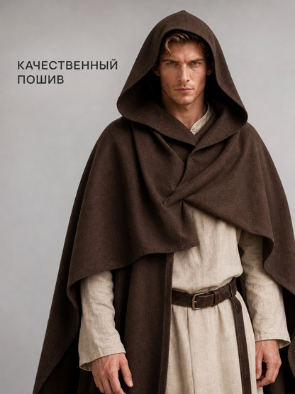 Medieval Fantasy Hooded Cloak, Deep Brown Long Draped Cape with Overlapping Front and Pointed Hem for Role Play, Stage Styling and Outdoor Wear