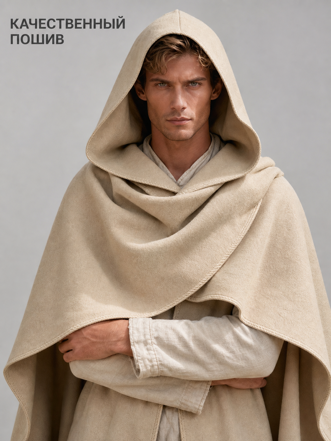 Medieval Hooded Cloak, Pointed Hood Full-Length Draped Cape in Khaki for Cosplay, Fantasy Costumes and Historical-Style Outdoor Outfits