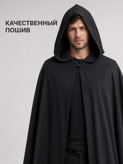 Black Long Hooded Cotton-Linen Cloak