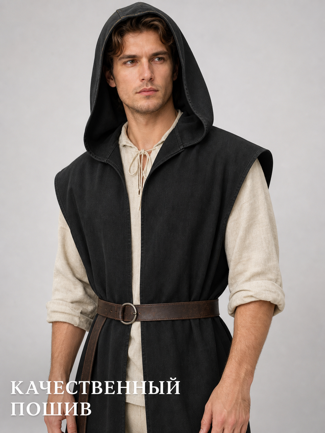 Long Sleeveless Hooded Vest, Black