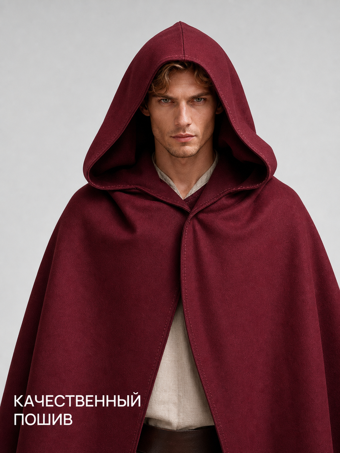 Medieval Hooded Cloak Wine Red Cape with Overlapping Front and Irregular Draped Hem for Cosplay, Theme Parties, Stage Performances and Fantasy Photography