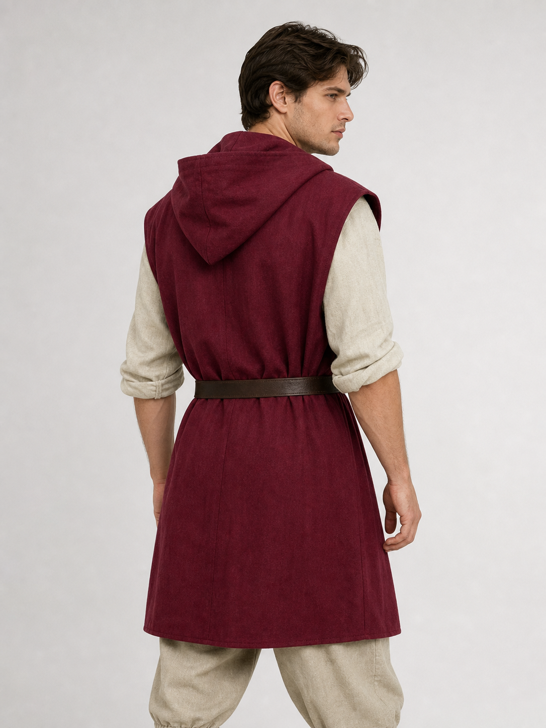 Adult Medieval Fantasy Hooded Cape, Wine Red Sleeveless Long Split-Hem Cloak