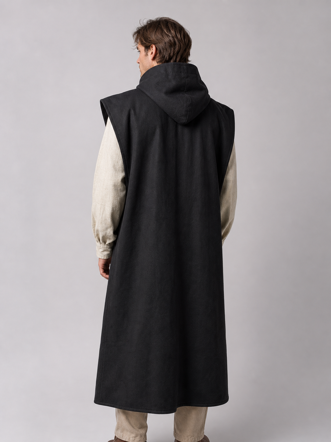 Long Sleeveless Hooded Vest, Black