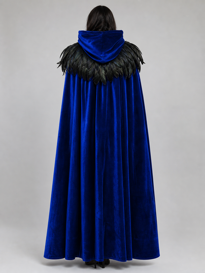Blue Hooded Feathered Carnival Cape