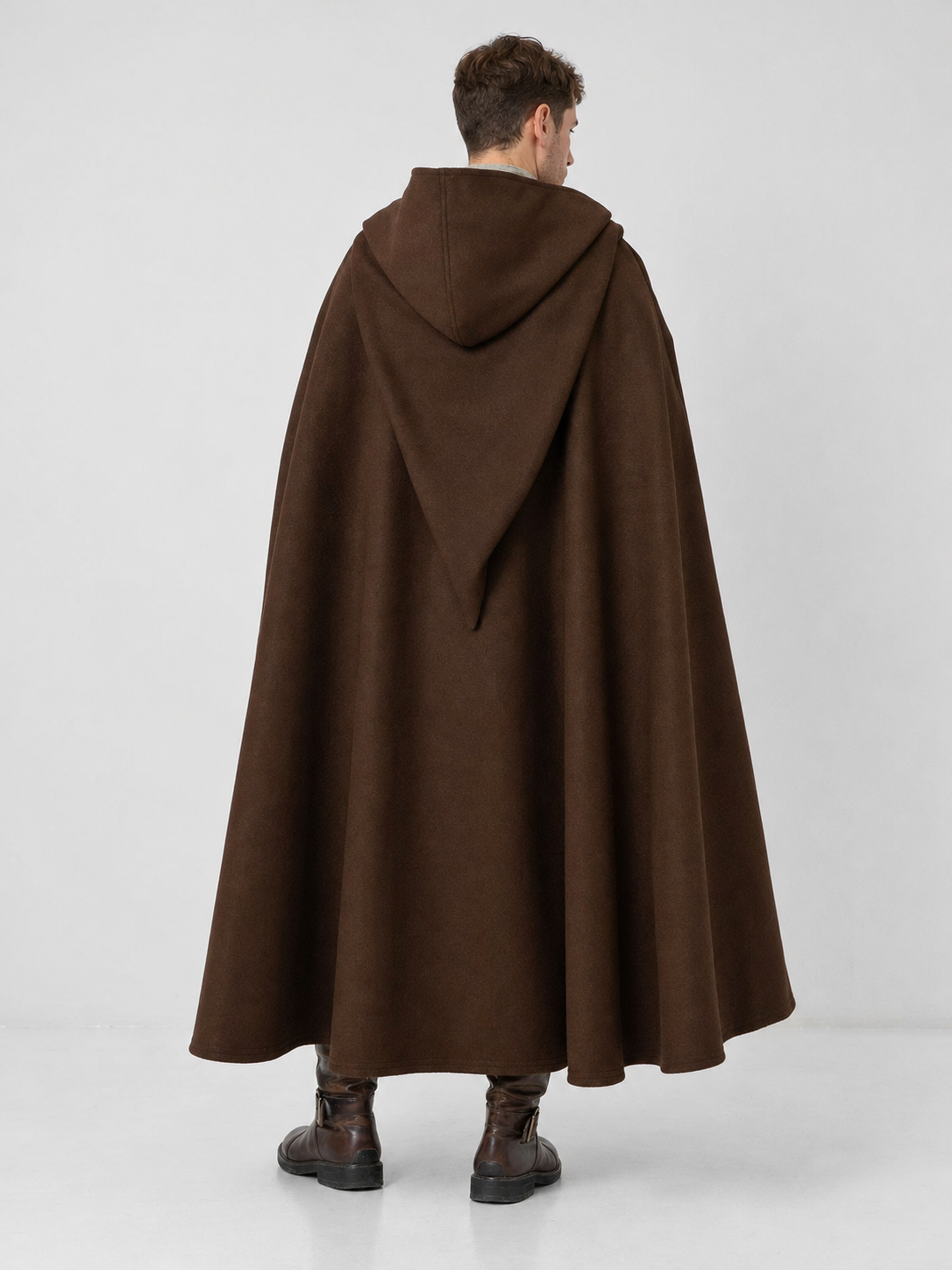 Medieval Fantasy Hooded Cloak, Deep Brown Long Draped Cape with Overlapping Front and Pointed Hem for Role Play, Stage Styling and Outdoor Wear