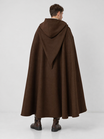 Medieval Fantasy Hooded Cloak, Deep Brown Long Draped Cape with Overlapping Front and Pointed Hem for Role Play, Stage Styling and Outdoor Wear