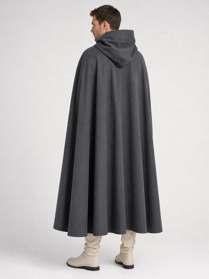 Adult Fantasy Hooded Cape, Long Dark Gray Cloak With Front Tie Closure, Wide