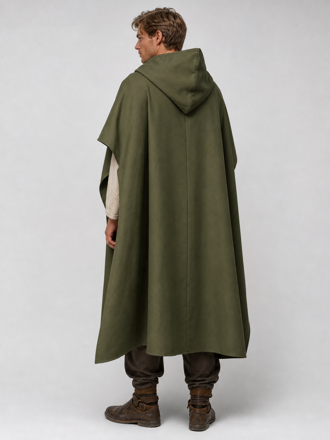 Medieval Hooded Cloak, Olive Green Full-Length Cape with Pointed Hood and Front Tie for Cosplay and Role-Playing