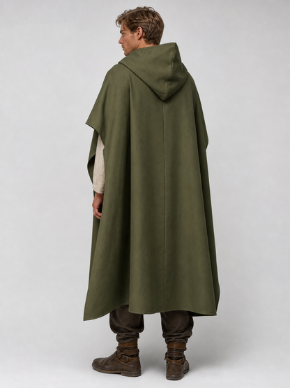 Medieval Hooded Cloak, Olive Green Full-Length Cape with Pointed Hood and Front Tie for Cosplay and Role-Playing