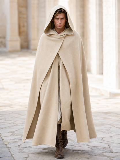 Medieval Hooded Cloak, Pointed Hood Full-Length Draped Cape in Khaki for Cosplay, Fantasy Costumes and Historical-Style Outdoor Outfits
